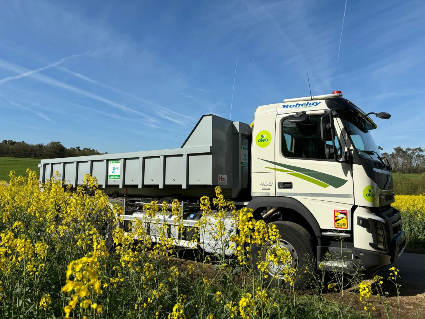 Camion ampliroll MENREC dans un champ de colza